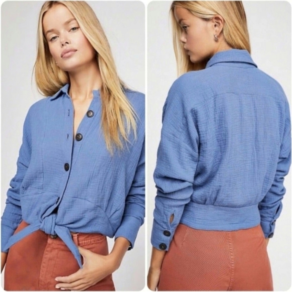 Free People Blue Button-Down Shirt